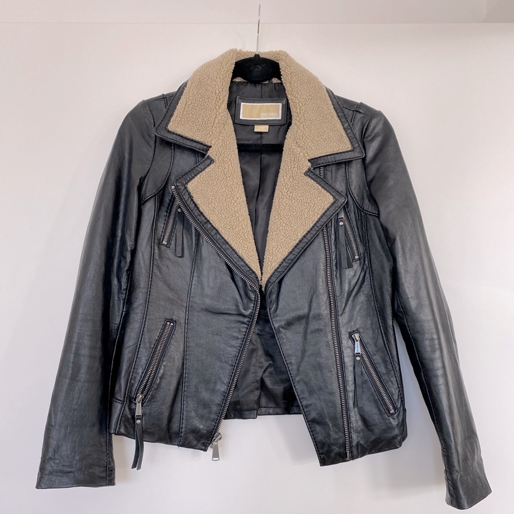 Michael Kors Leather Jacket with Sherpa collar